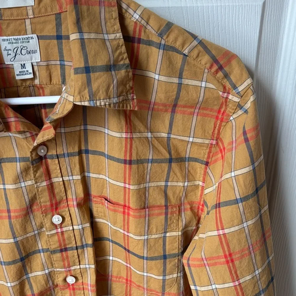 J. Crew pair of Red Yellow Plaid Men casual cotton button down Shirts M slim EUC